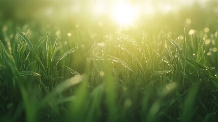 Fototapeta premium Lush Green Grass Blades Covered with Dew Drops in Early Morning Sunlight on a Vibrant Green Background
