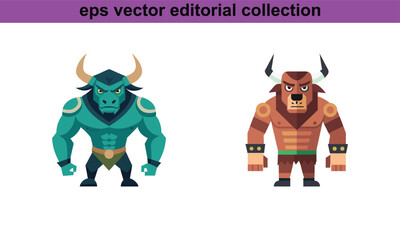 Bull Character Illustrations Vector Set, A vector collection of two bold bull character illustrations, perfect for strength, power, and mythology-themed designs.
