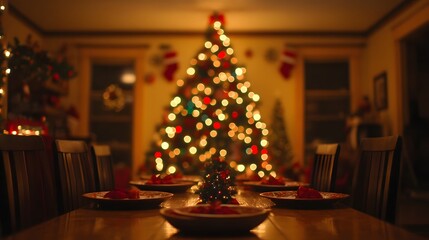 Christmas Eve Dinner Table Festive Lights Blurred Background