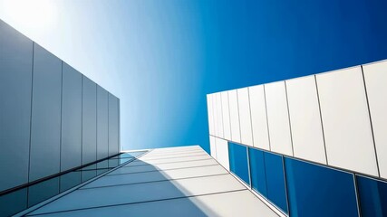 Modern architectural design with sleek geometric lines of high rise buildings against a clear blue sky in a contemporary urban setting, 4k video