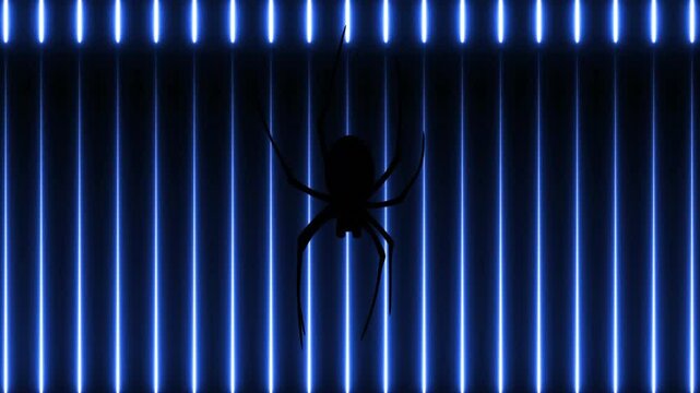 Spider silhouette against blue light stripes, creating dramatic animation effect