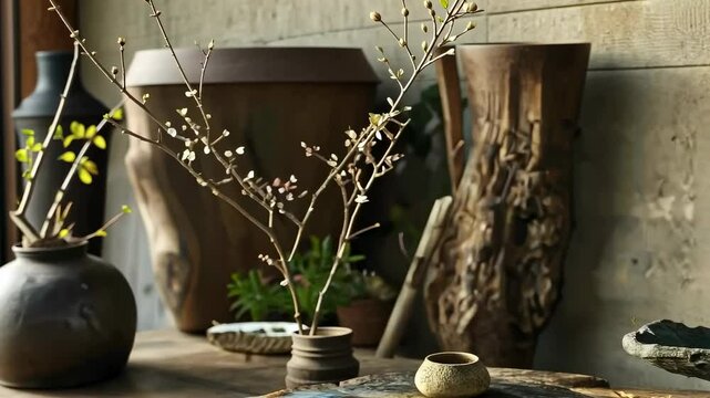 Rustic elegance japanese wabi sabi decor with natural wooden vases and delicate branches in a minimalist setting, 4k video