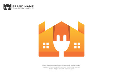 Modern logo featuring a house silhouette integrated with an electric plug, ideal for smart home, energy solutions, or electrical services