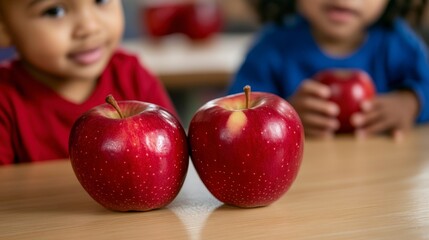 Fototapeta premium Children Engaging in Apple-Themed Crafts, Smiling and Enjoying Fun Activities Together at Table