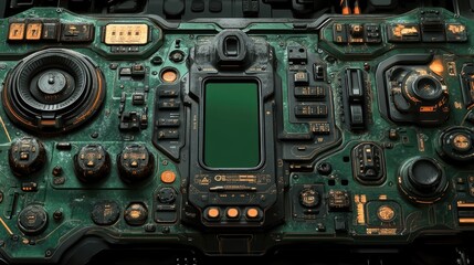 Fototapeta premium Futuristic control panel interface displaying green screen in spacecraft, complex circuit background