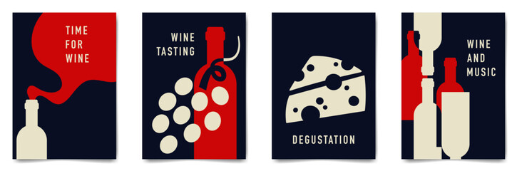 Set of minimalist wine tasting poster design. Flat vector illustration. Bottles of wine, glasses, grapes and cheese.