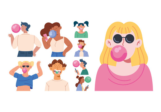 Colorful People Blowing Bubble Chewing Gum Character Set