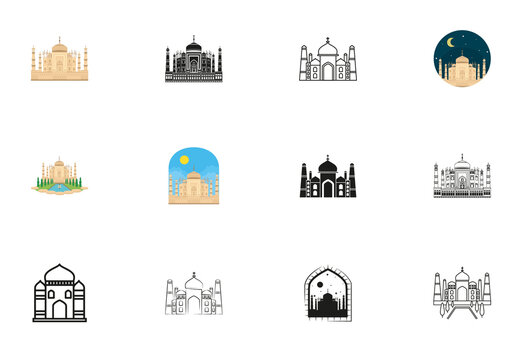 Colorful Taj Mahal Landmark Architecture Illustration Set