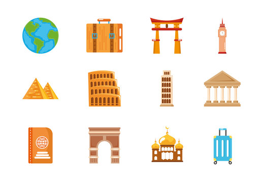 Orange And Blue Famous Landmark World Travel Illustration Set