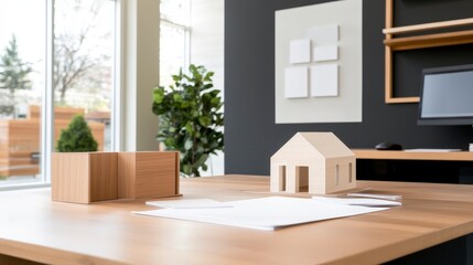 Modern Office Space Showcasing Architectural Design with Scale Models and Minimalist Aesthetics