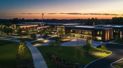 Obraz premium Elevated View of Large Modern Corporate Headquarters Building Complex at Dusk