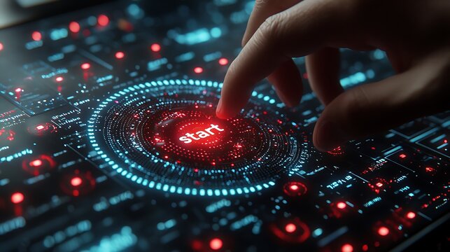 Finger presses start button on futuristic interface - Powered by Adobe