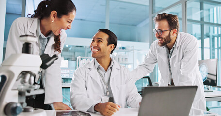 Group, scientist and excited people in laboratory for cure discovery, neuroscience breakthrough or...