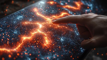 Finger touches digital display, fiery graphic