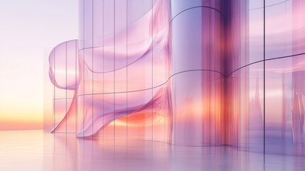 Fototapeta premium Abstract Architectural Facade with Curved Glass Panels Reflecting Sunset Colors and Modern Geometric Design