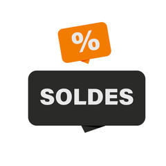 sale banner icon with "soldes" in bold white text on black bubble and orange discount symbol above, flat vector design for promotions and marketing