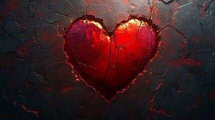 Glowing red cracks running through a dark heart, symbolizing love and pain, surreal emotional illustration, dramatic shadows, deep black tones, expressive digital artwork