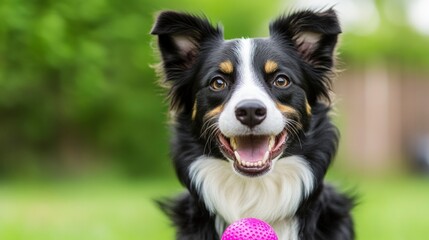 Fototapeta premium Satisfied Dog with a Playful Expression Holding a Toy in a Green Outdoor Setting