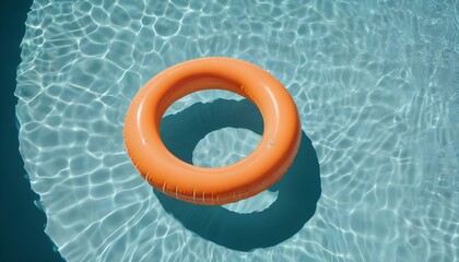 A top-down shot shows an orange inflatable ring floating in a swimming pool with turquoise water