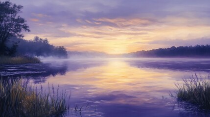 Serene Sunset Lake: Misty Dawn, Purple Hues, Impressionistic Painting