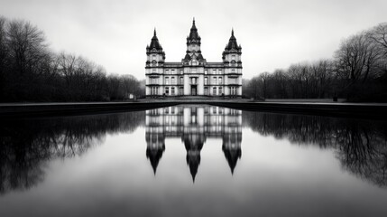 Obraz premium Cinematic Black and White Composition of Majestic Castle Reflection in Serene Water Landscape