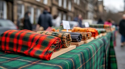 Naklejka premium Bustling Scottish Market with Vibrant Vendors Selling Colorful Textiles and Unique Local Goods