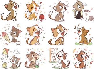 Fototapeta premium Cute funny cat cartoon vector , animal, cartoon, funny, vector, cute, illustration, happy, character, kitten, cat, pet, set, baby, adorable, isolated, kitty, doodle, icon, collection, design, drawing,