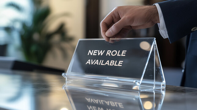 Close-up of businessman's hand placing sign with message new role available on office desk