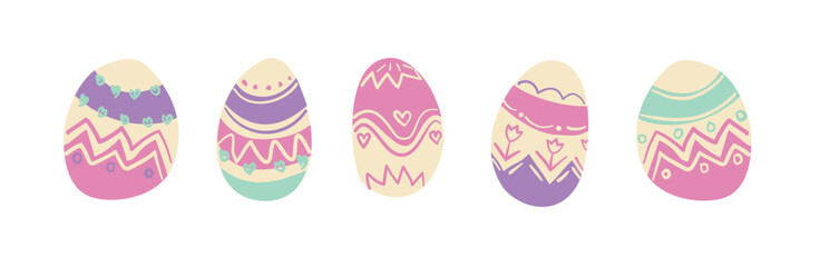 five Easter eggs in pastel shades of pink, voilet, and mint green with zigzag, heart, and floral designs on White background , perfect for holiday crafts.