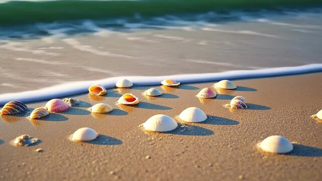 Seashells on the Shoreline: A collection of various seashells rest serenely on the sandy shore as gentle waves softly lap against the coast, a testament to nature's beauty. 