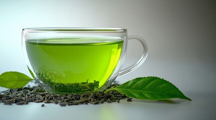 Green Tea in Glass Cup with Fresh and Dried Leaves on White Background