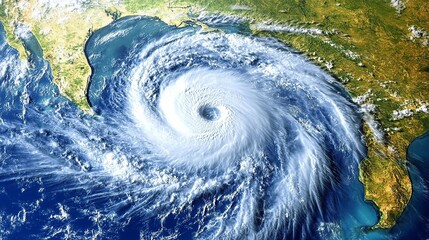Powerful Hurricane Aerial View Intense Tropical Cyclone Weather Satellite Image Powerful Storm Blue Ocean Coastal Region Natural Disaster Meteorology 