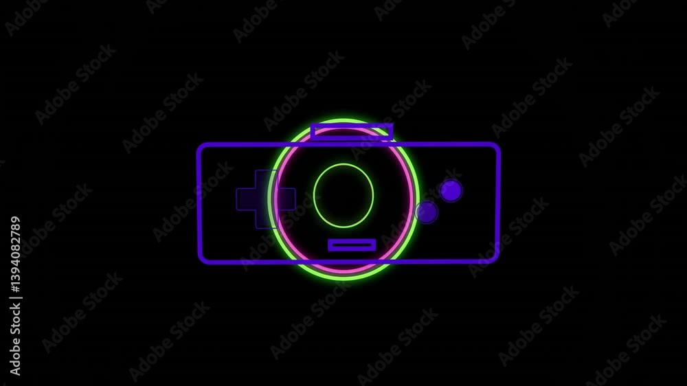 Poster glowing animation of neon game controller with circles on black background