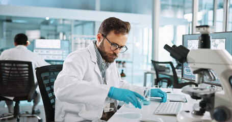 Petri dish, science and chemical with man in laboratory for tissue sample, cancer research and...