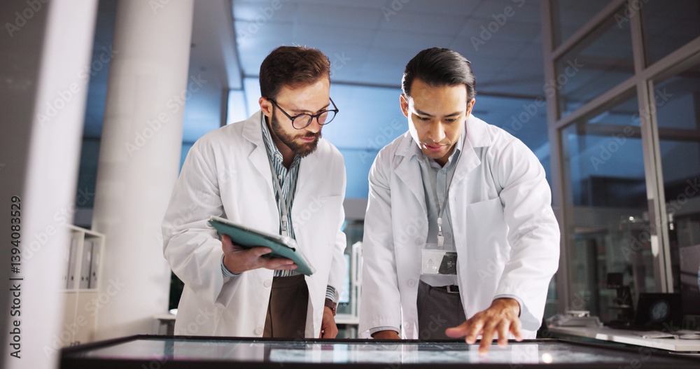 Poster scientist, men and screen with meeting for data review, medical research or innovation. computer tab