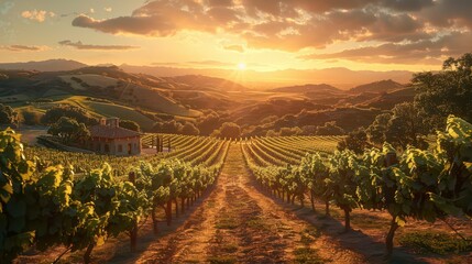 Naklejka premium A serene vineyard landscape at sunset, showcasing rows of grapevines and a rustic building.