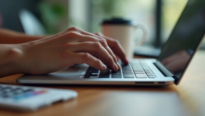 Close Up on Hands of a Female Specialist Working on Laptop Computer at Cozy Home Living Room while Sitting at a Table. Freelancer Woman Chatting Over the Internet on Social Networks