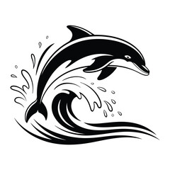 Obraz premium Dolphin Wave Line Art, Silhouette, Vector, Icon, Logo, White Background.