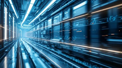 Futuristic Data Corridor: Blue Neon Glow & Motion Blurred Equations - Powered by Adobe