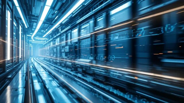 Futuristic Data Corridor: Blue Neon Glow & Motion Blurred Equations - Powered by Adobe
