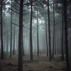 Obraz premium A foggy pine forest in the early morning