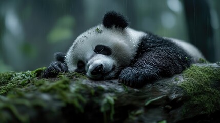 Obraz premium Sleepy panda resting on mossy log in misty forest