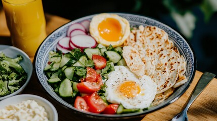 Fresh and Colorful Breakfast Bowl with Vegetables, Eggs, and Flatbread Surrounded by Refreshing Juice