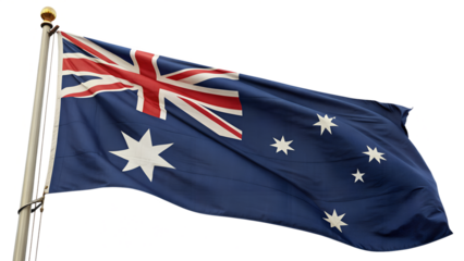 Waving Australian Flag with Southern Cross on Flagpole Transparent PNG Isolated on White Background