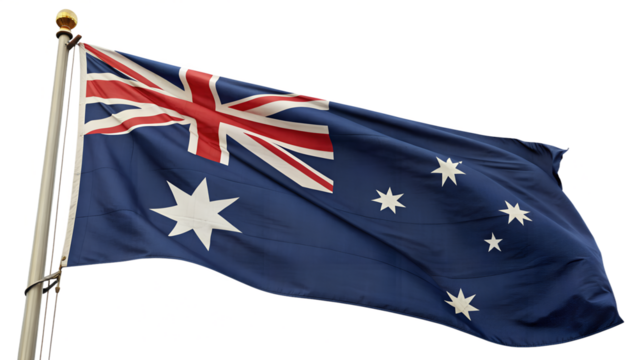 Waving Australian Flag with Southern Cross on Flagpole Transparent PNG Isolated on White Background