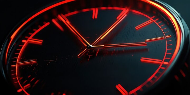 Dark and Cinematic Analog Clock Face with Glowing Red Neon Light 3D Render