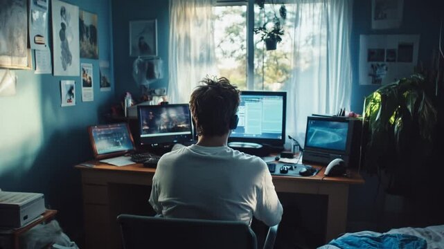 Joven visto desde atr&aacute;s programando en su computadora en su habitaci&oacute;n mientras la c&aacute;mara se acerca lentamente.