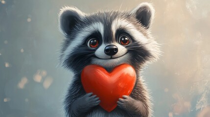Obraz premium Raccoon Holding a Red Heart with a Bokeh Background Depicting Love Affection and Joy