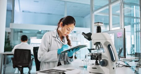 Scientist, woman and tablet with study for biology, breakthrough or medical notes analysis....