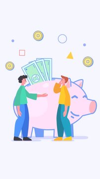 Save money, pension, deposit concept, two people stand near big piggy bank, 2d loop video animation